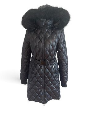 Diane Von Furstenberg Black Quilted Long Puffer Coat with Fur-Trim Hood Small